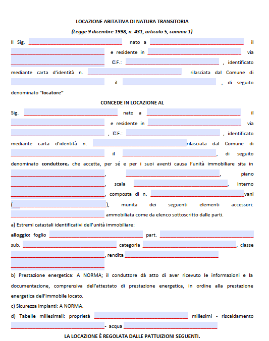 modello contratto di locazione transitorio