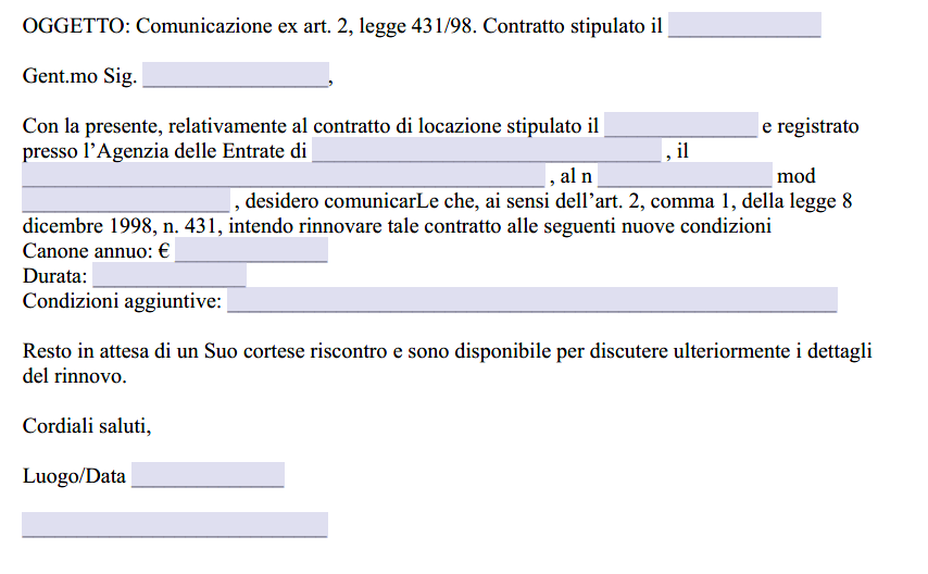 Fac Simile Rinnovo Contratto Locazione a Nuove Condizioni