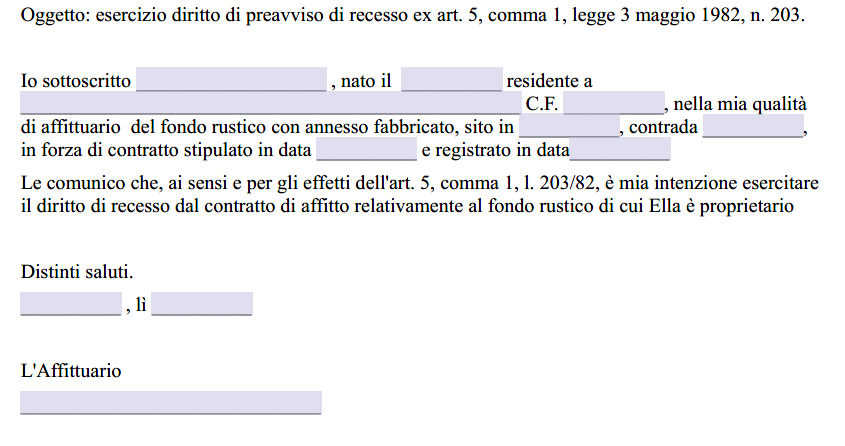 Recesso contratto di affitto di terreno agricolo