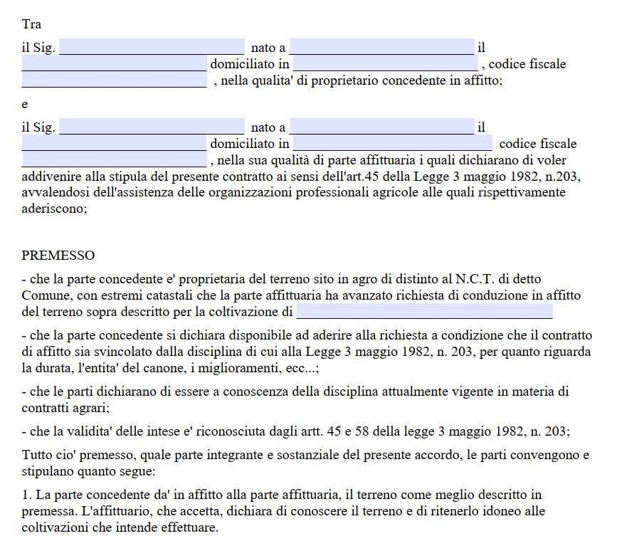 Contratto di affitto terreno agricolo