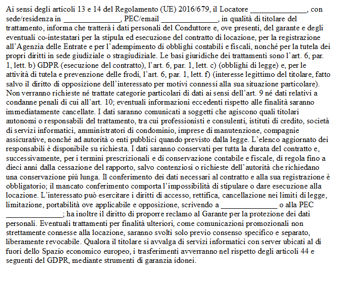 Clausola Privacy Contratto Locazione GDPR