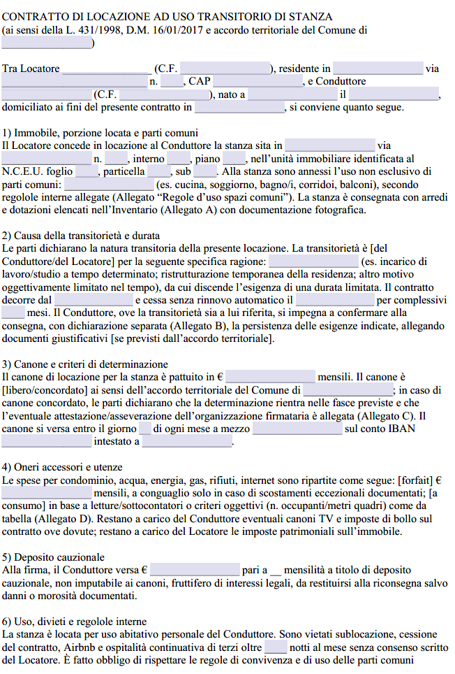 Contratto di Affitto Stanza Transitorio