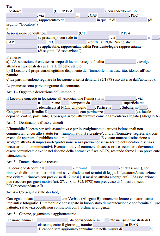 Contratto di Locazione Associazione Senza Scopo di Lucro
