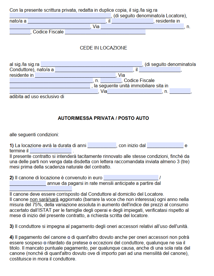 Contratto di Locazione Garage