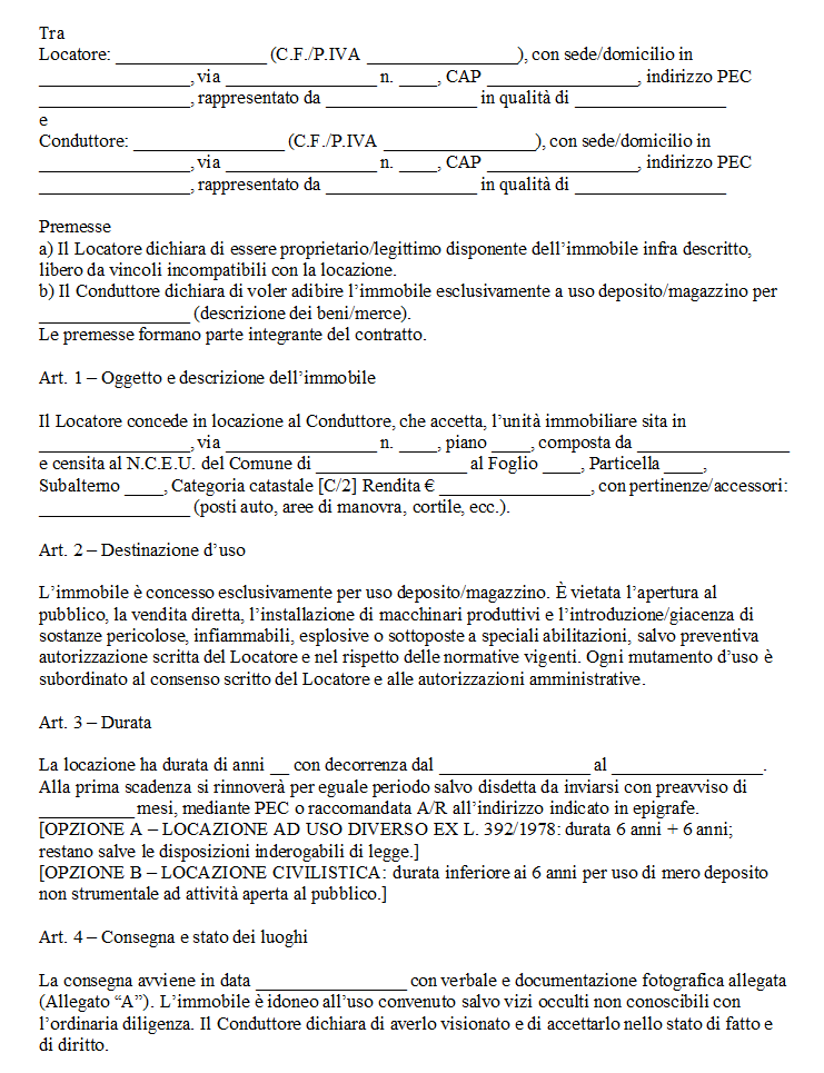 Contratto di Locazione Uso Deposito