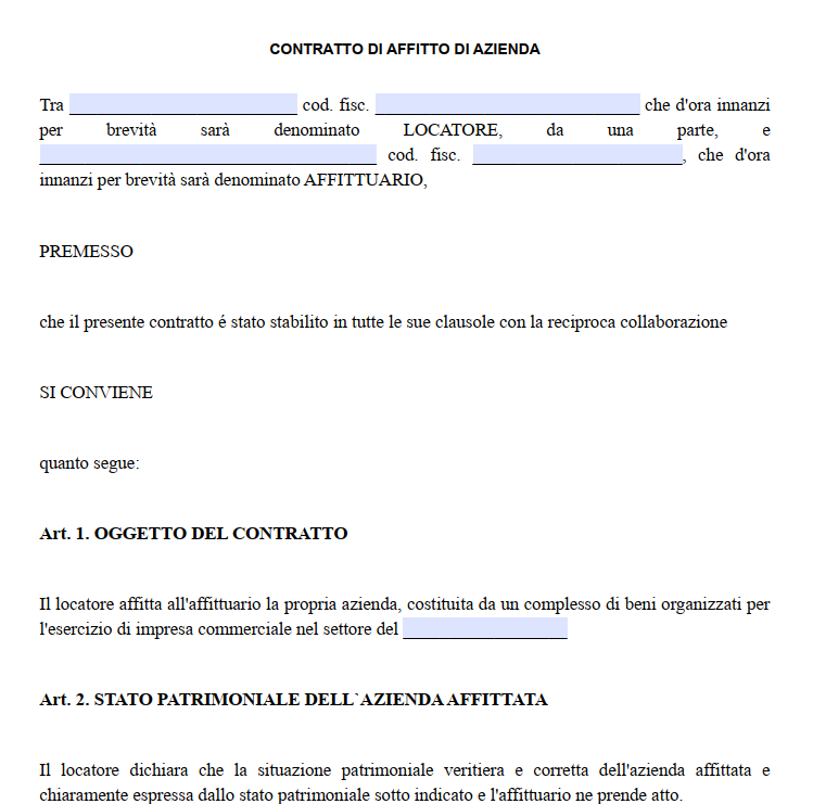 Contratto di Affitto d'Azienda