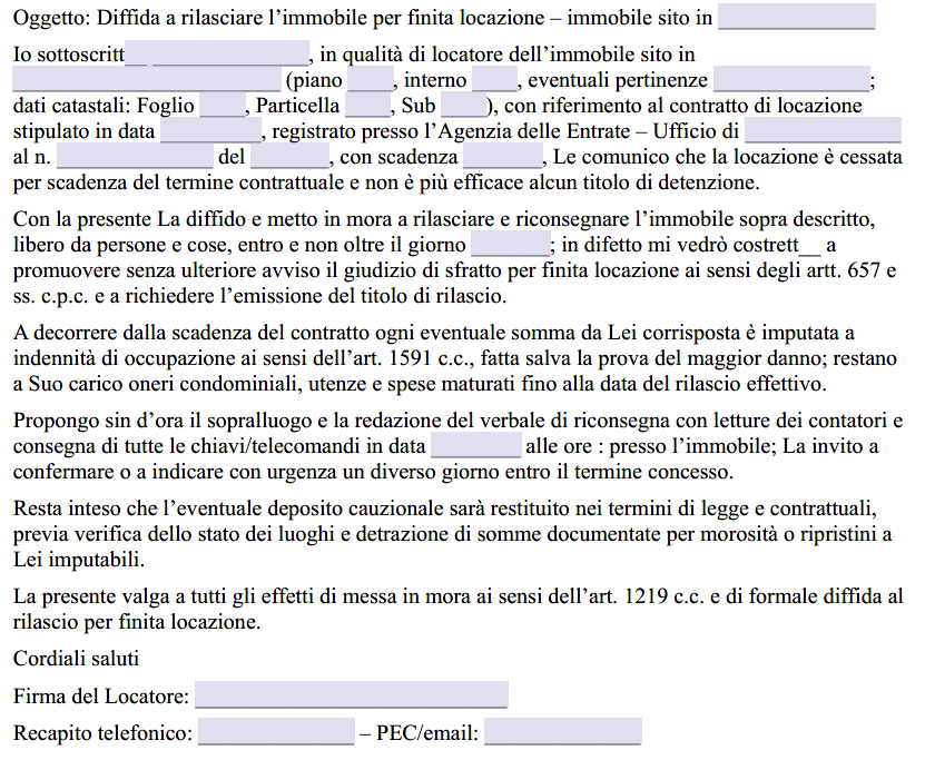Fac Simile Diffida Rilascio Immobile per Finita Locazione