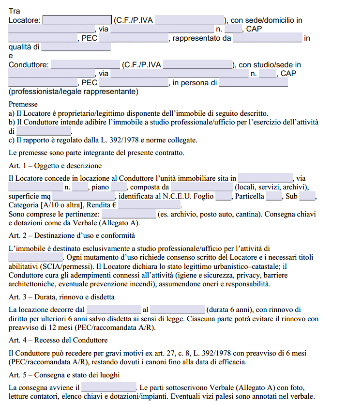 Fac Simile Contratto di Locazione Uso Studio Professionale