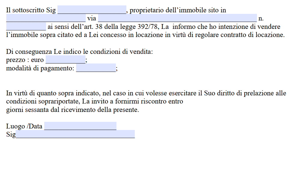 Lettera di Prelazione Vendita Immobile