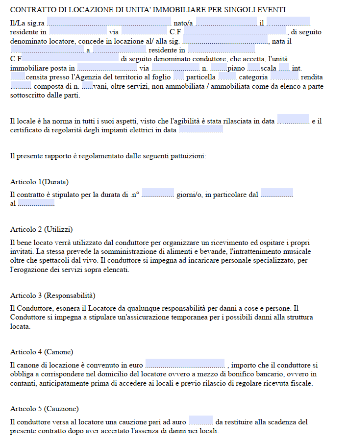 Fac Simile Contratto di Affitto Location per Eventi