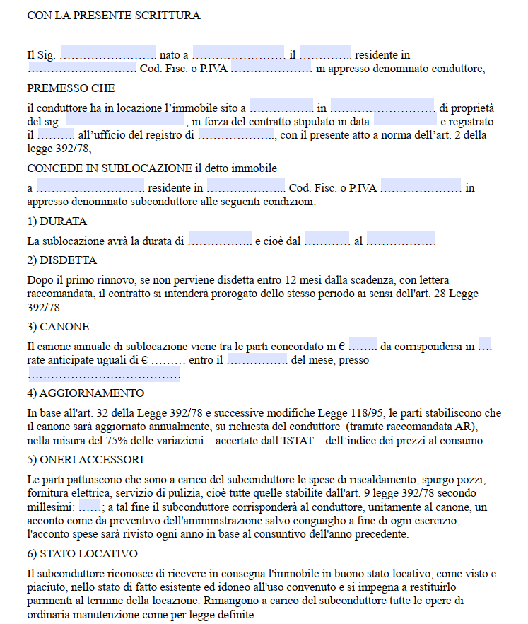 Contratto di Sublocazione Commerciale